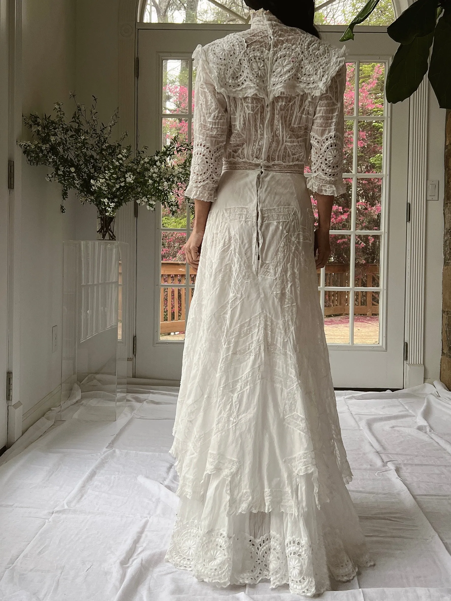 Antique High Neck Cotton and Lace Gown - XS
