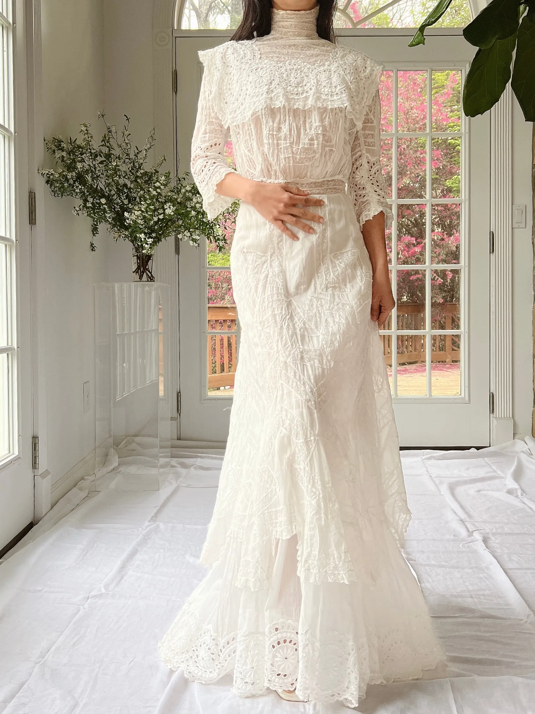 Antique High Neck Cotton and Lace Gown - XS