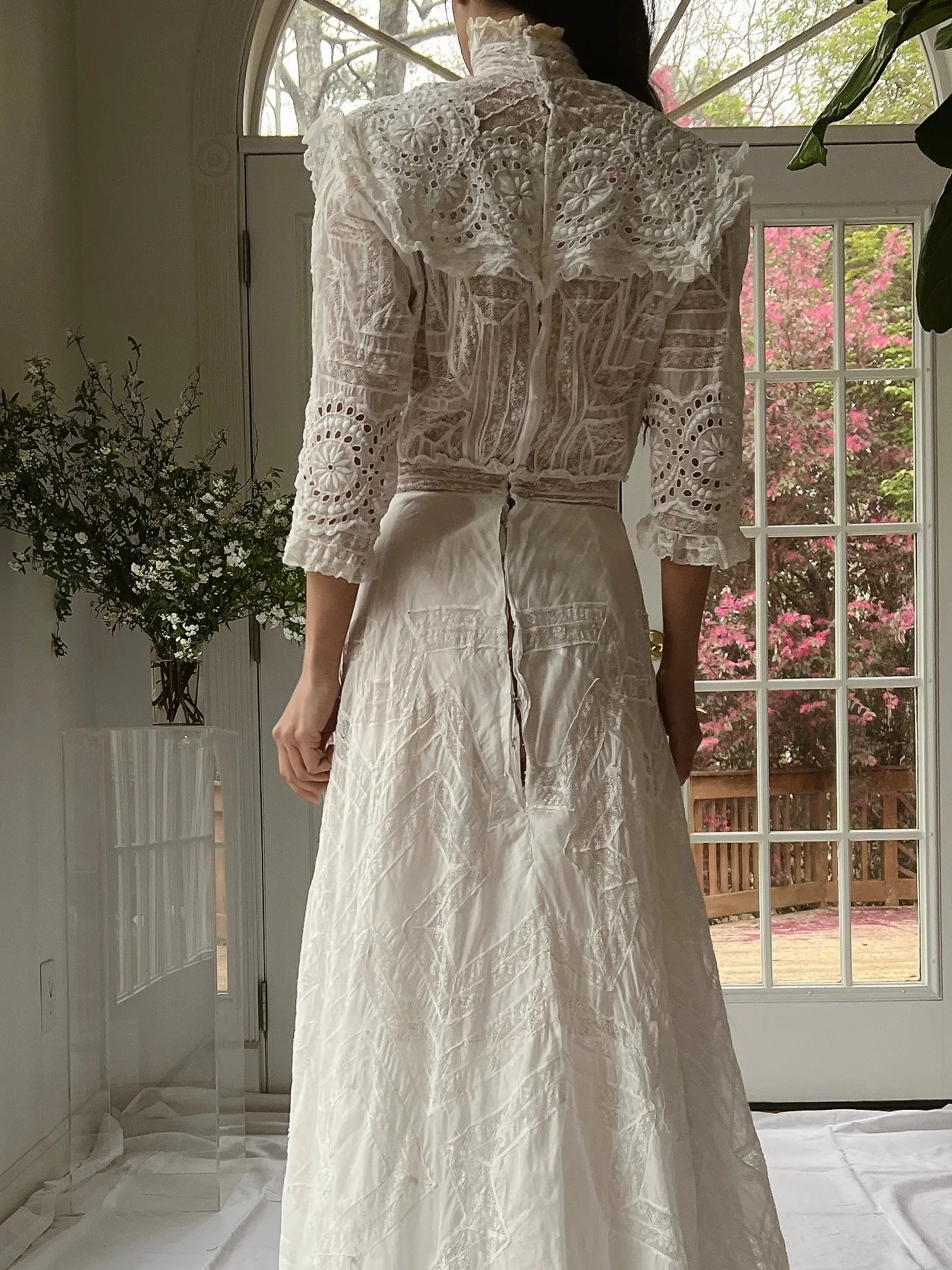 Antique High Neck Cotton and Lace Gown - XS