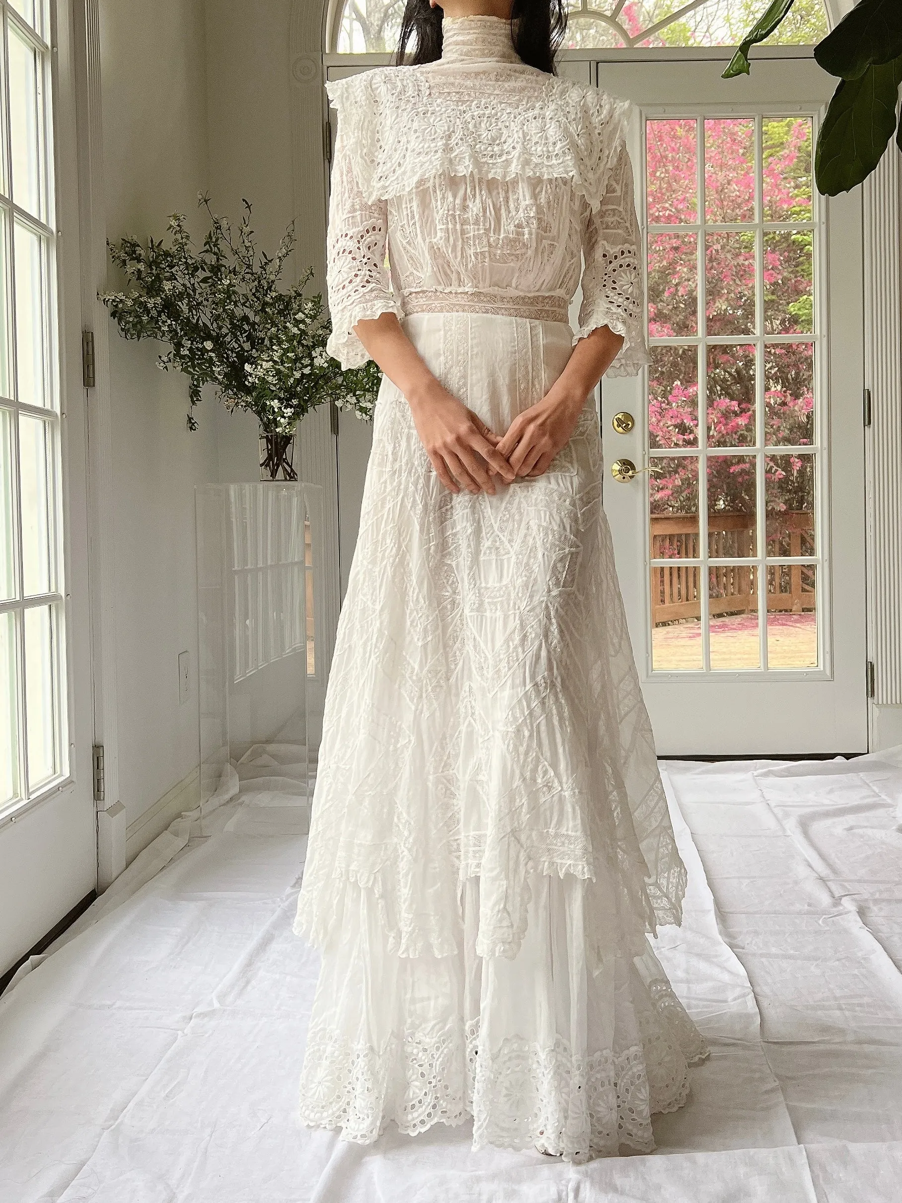 Antique High Neck Cotton and Lace Gown - XS
