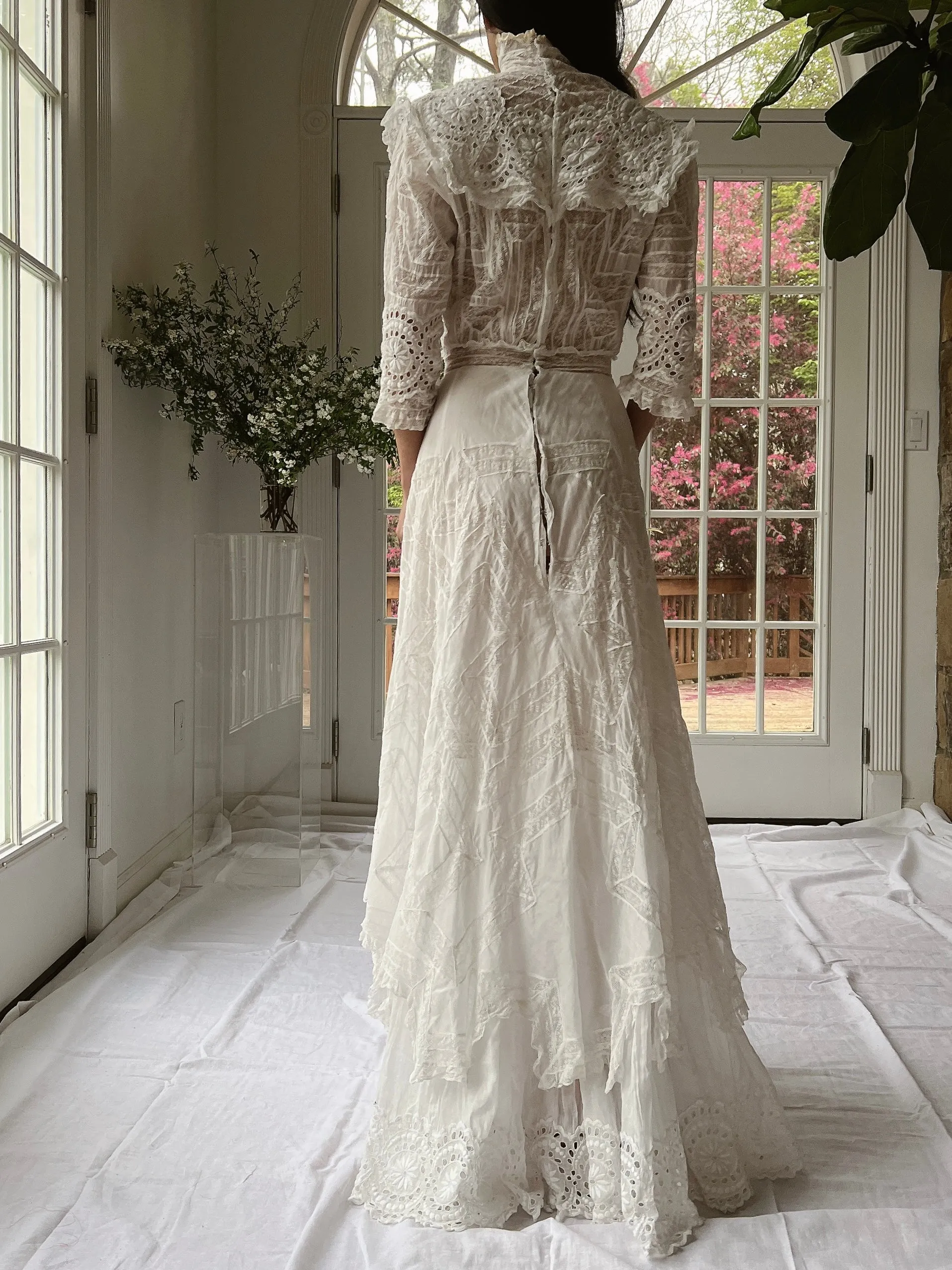 Antique High Neck Cotton and Lace Gown - XS