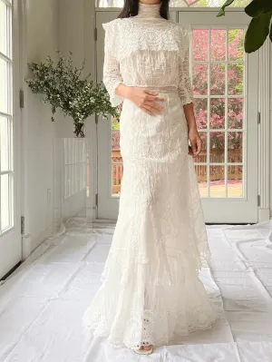 Antique High Neck Cotton and Lace Gown - XS