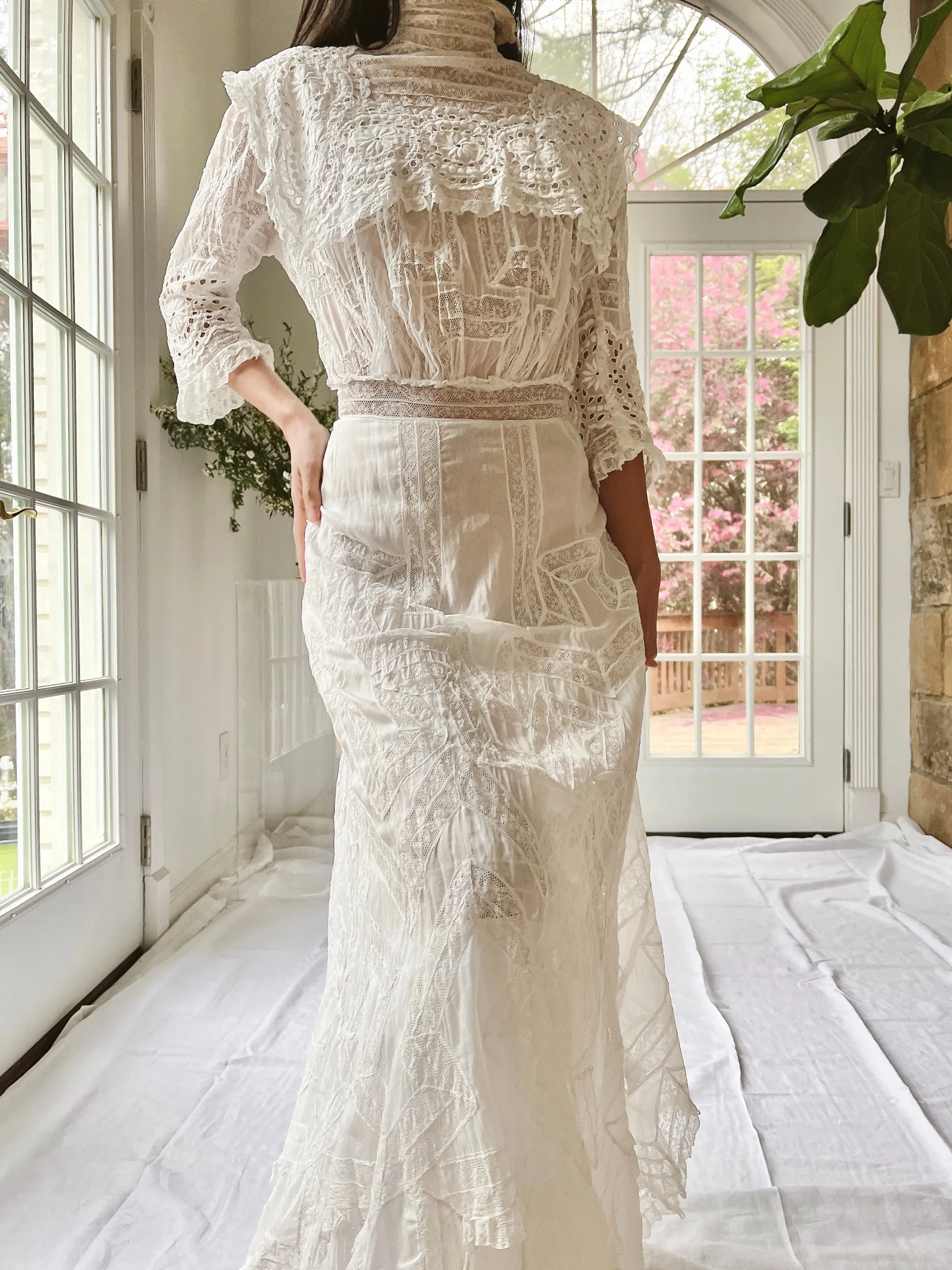 Antique High Neck Cotton and Lace Gown - XS