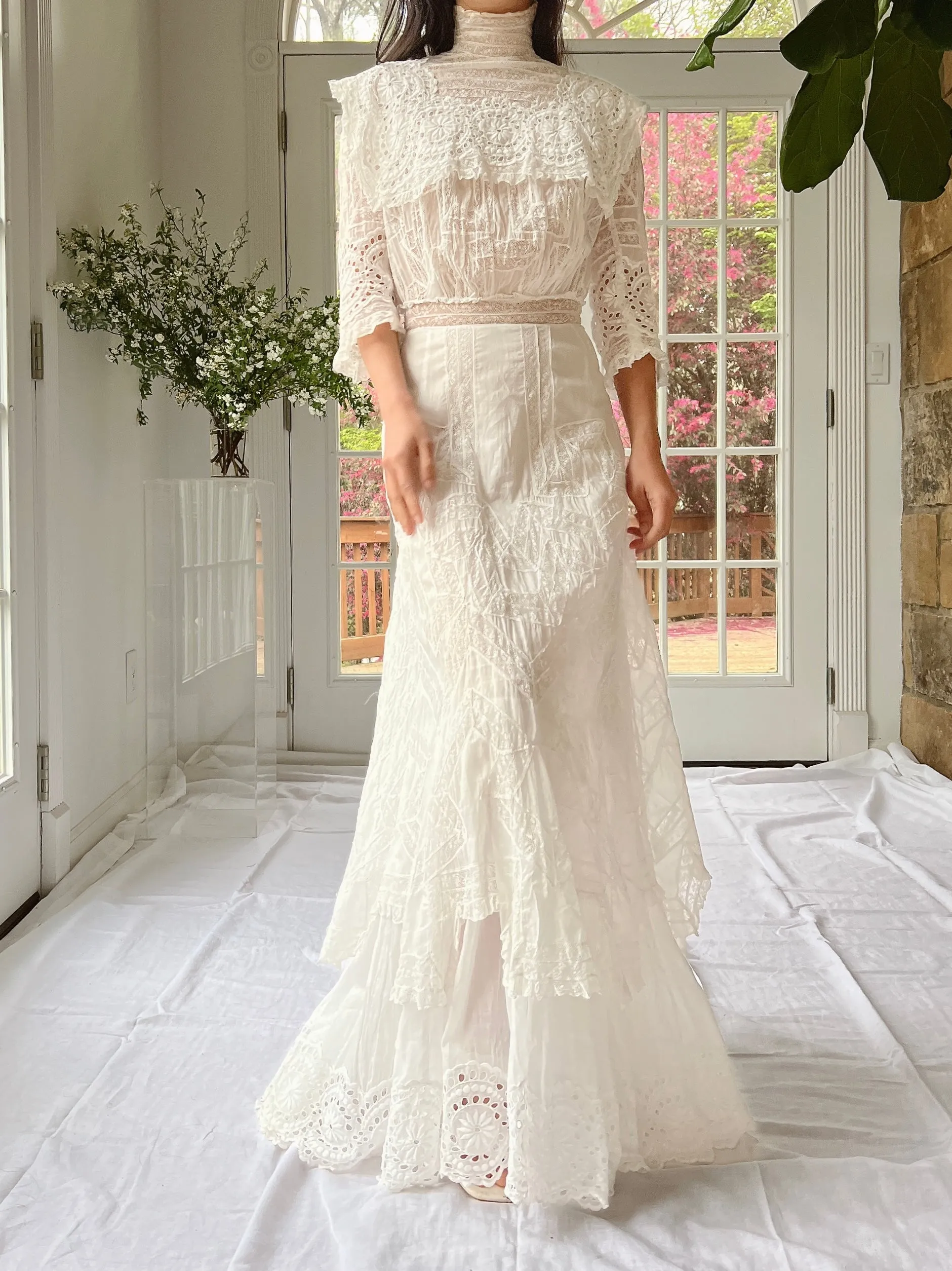 Antique High Neck Cotton and Lace Gown - XS