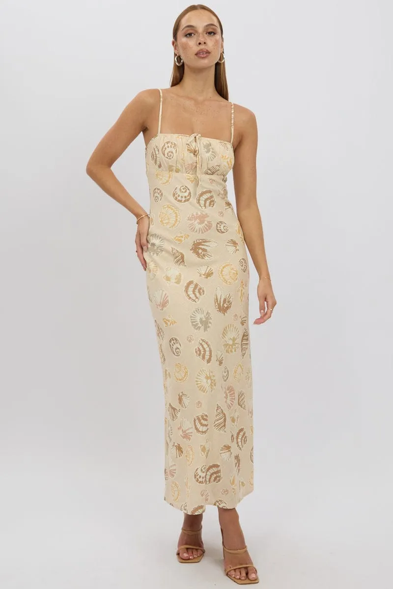 Beige Abstract Midi Dress Strappy