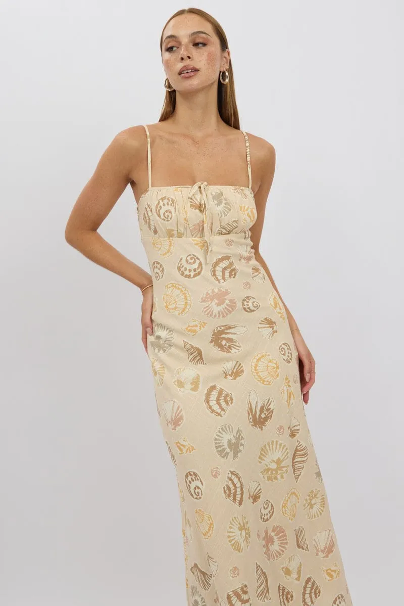 Beige Abstract Midi Dress Strappy