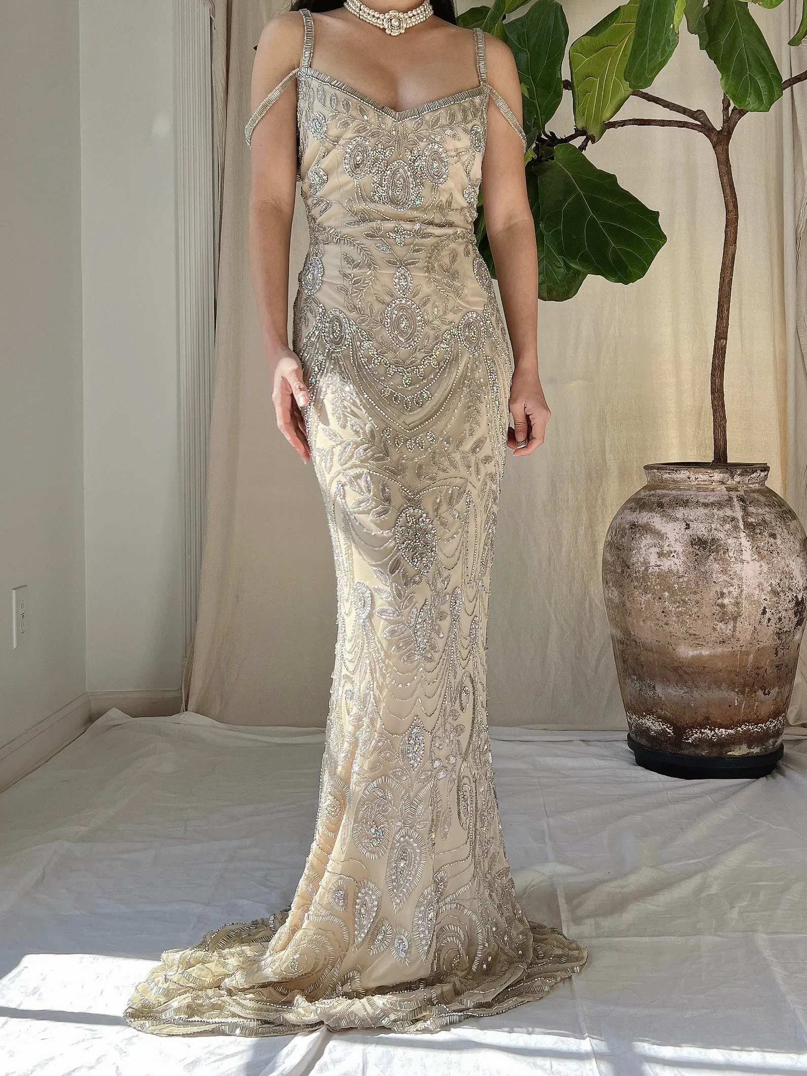 Beige Beaded Tulle Dress - S