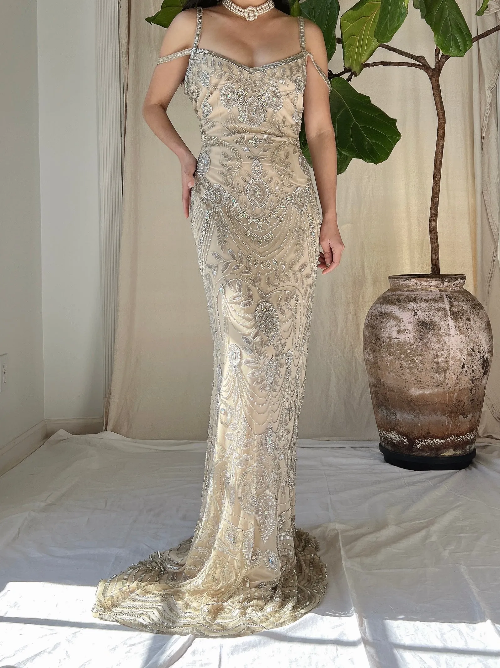 Beige Beaded Tulle Dress - S