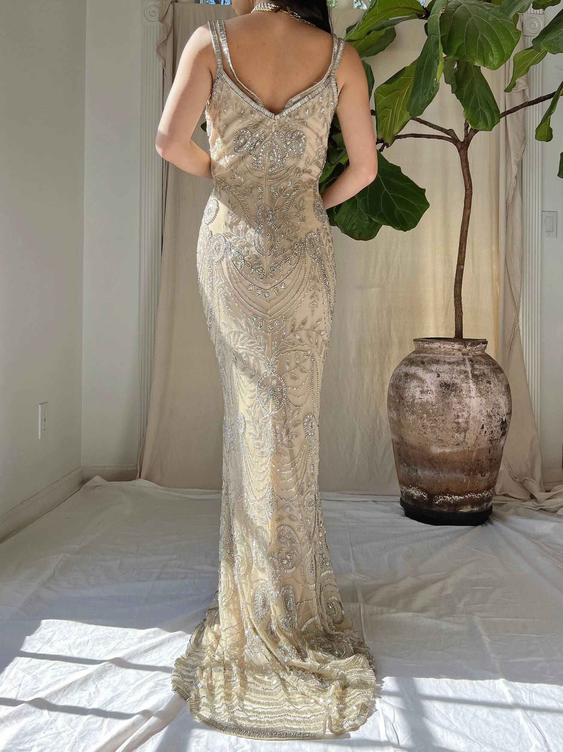 Beige Beaded Tulle Dress - S
