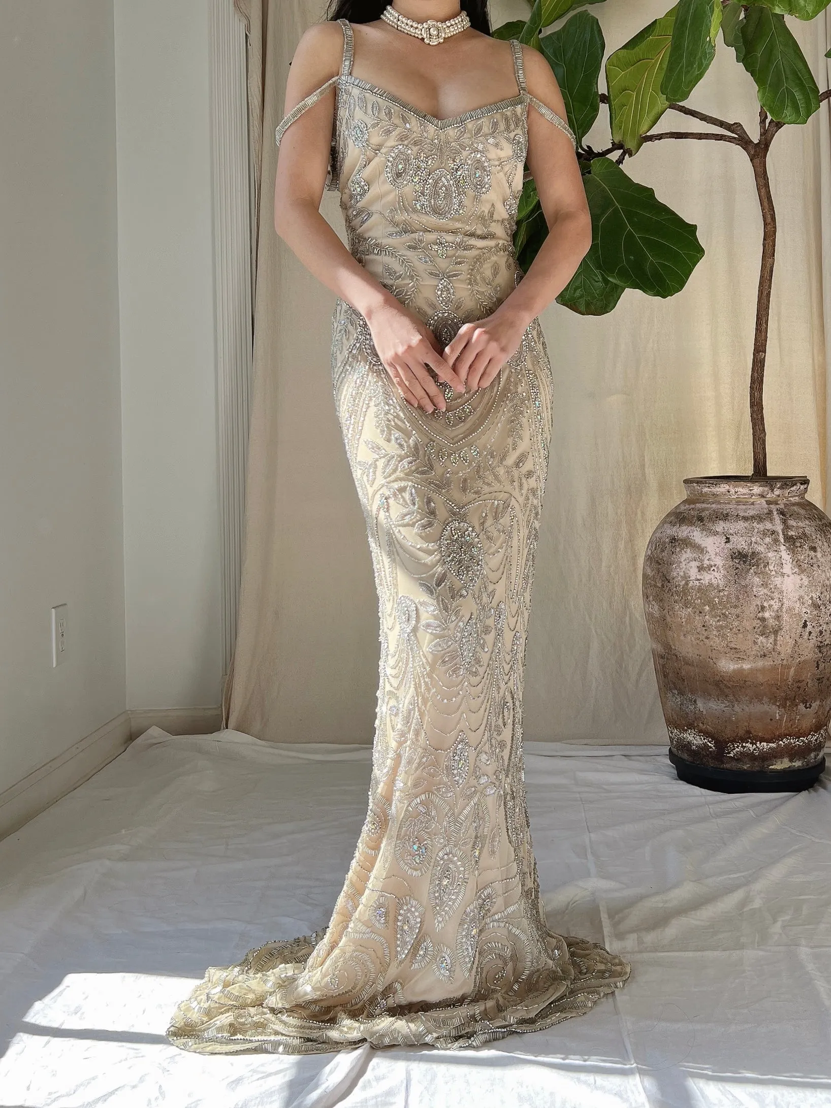 Beige Beaded Tulle Dress - S