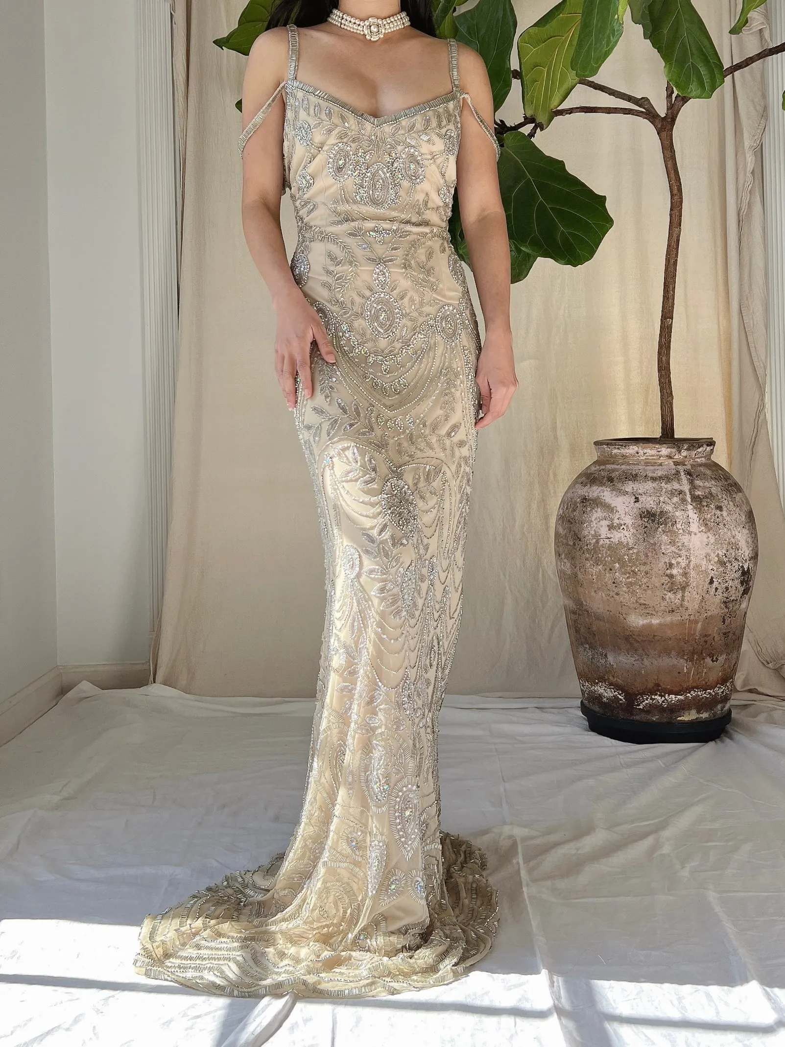 Beige Beaded Tulle Dress - S