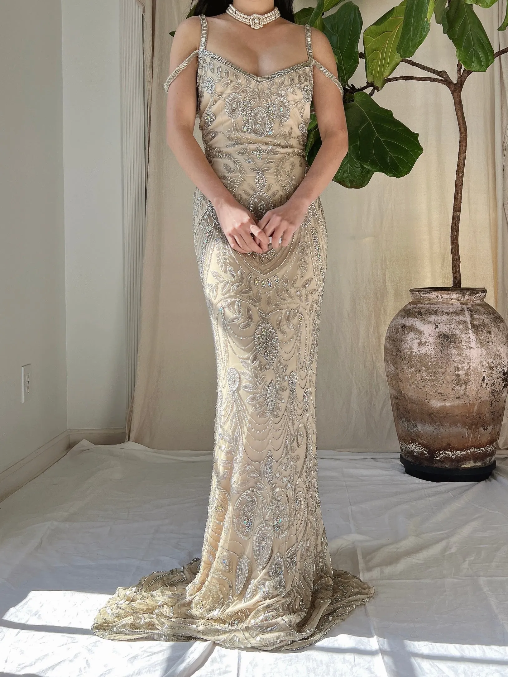 Beige Beaded Tulle Dress - S