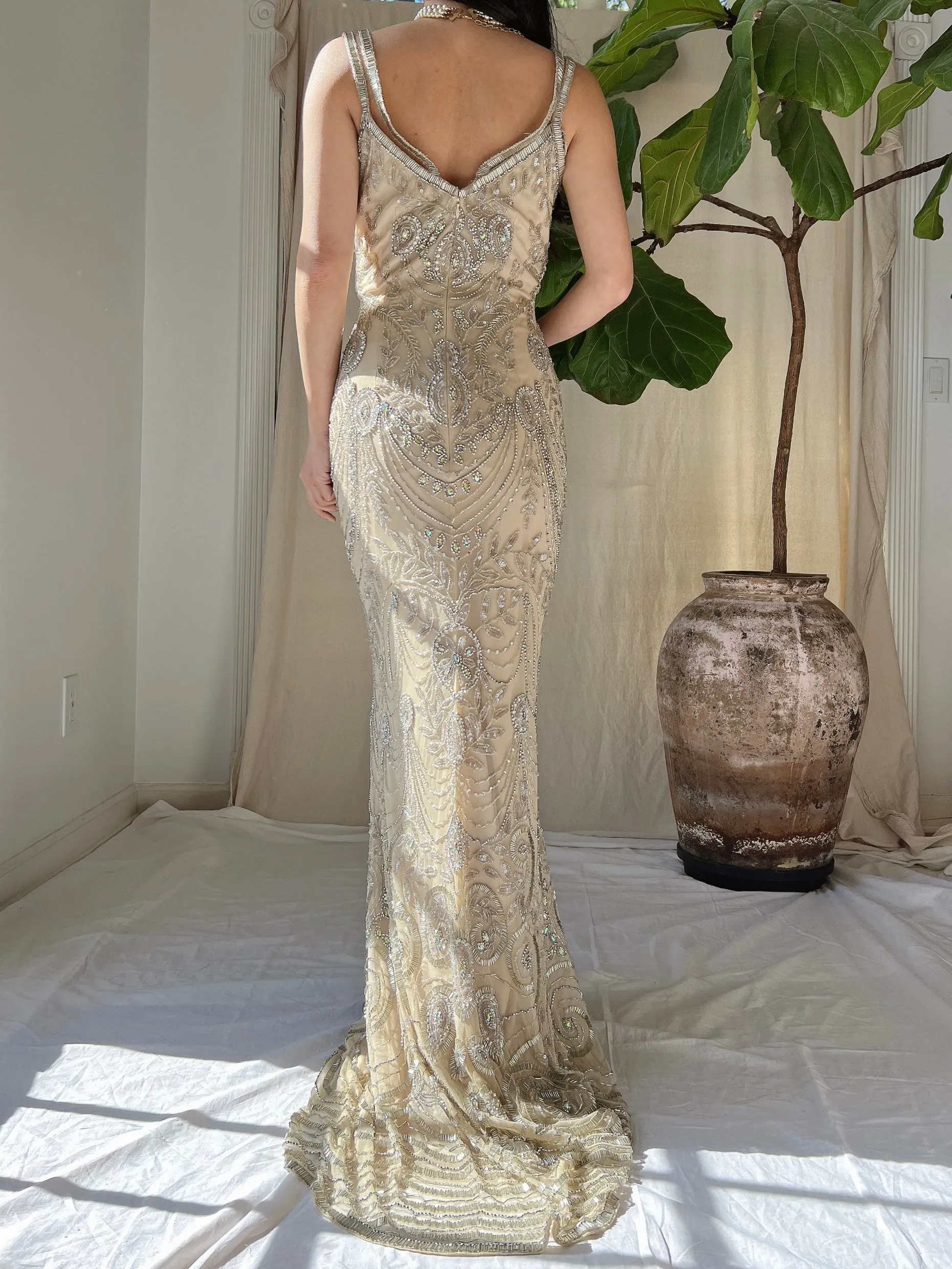 Beige Beaded Tulle Dress - S
