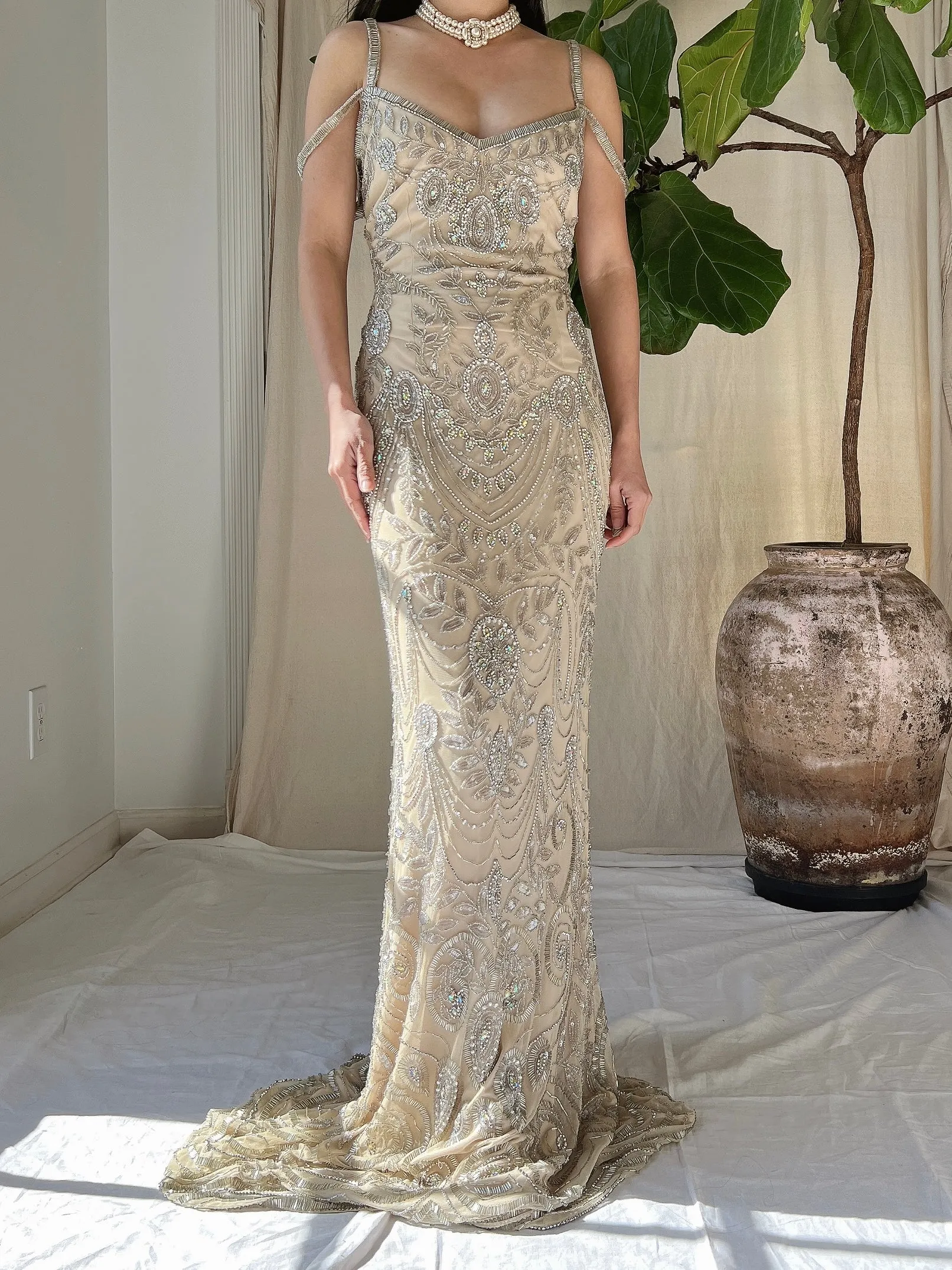 Beige Beaded Tulle Dress - S
