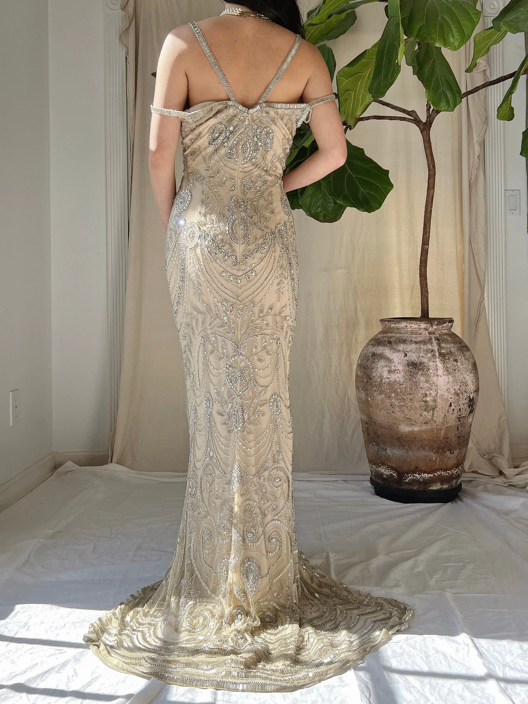 Beige Beaded Tulle Dress - S