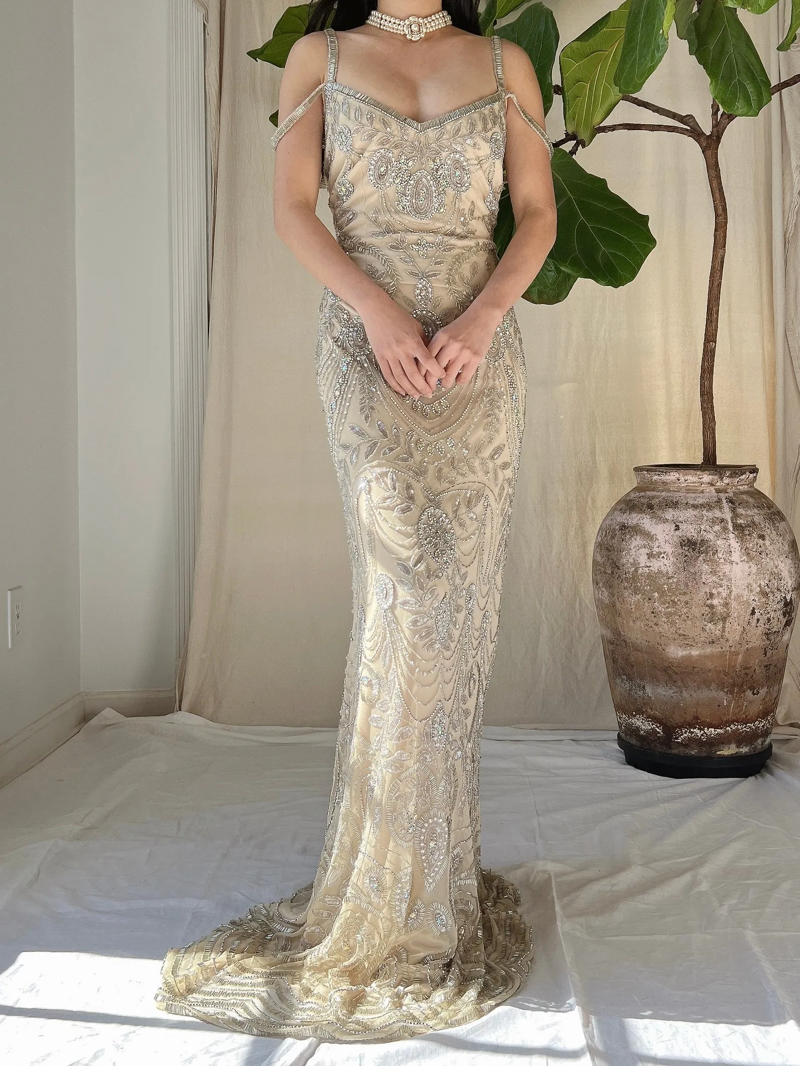 Beige Beaded Tulle Dress - S