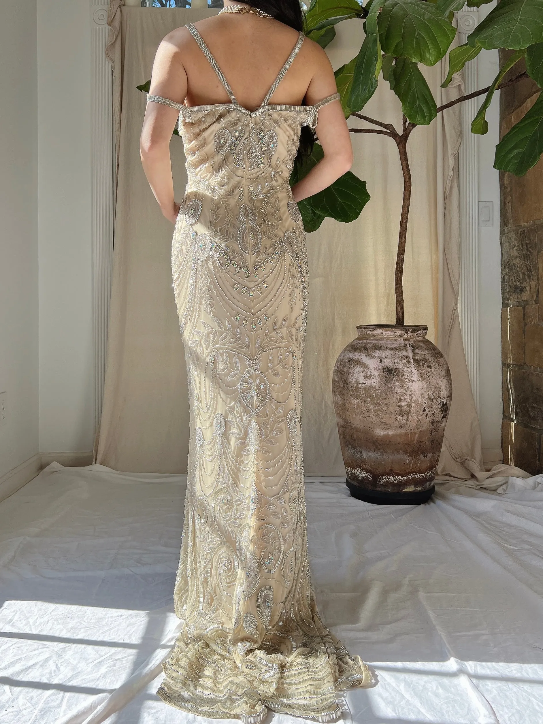 Beige Beaded Tulle Dress - S