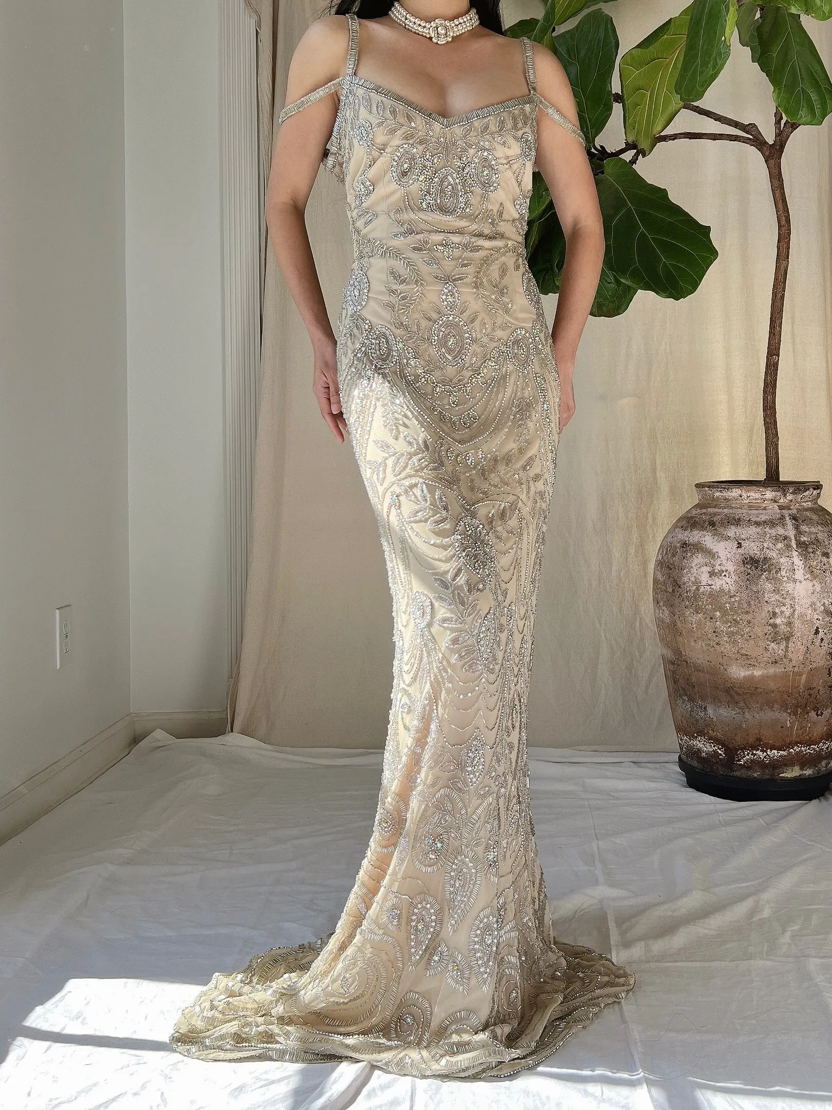 Beige Beaded Tulle Dress - S