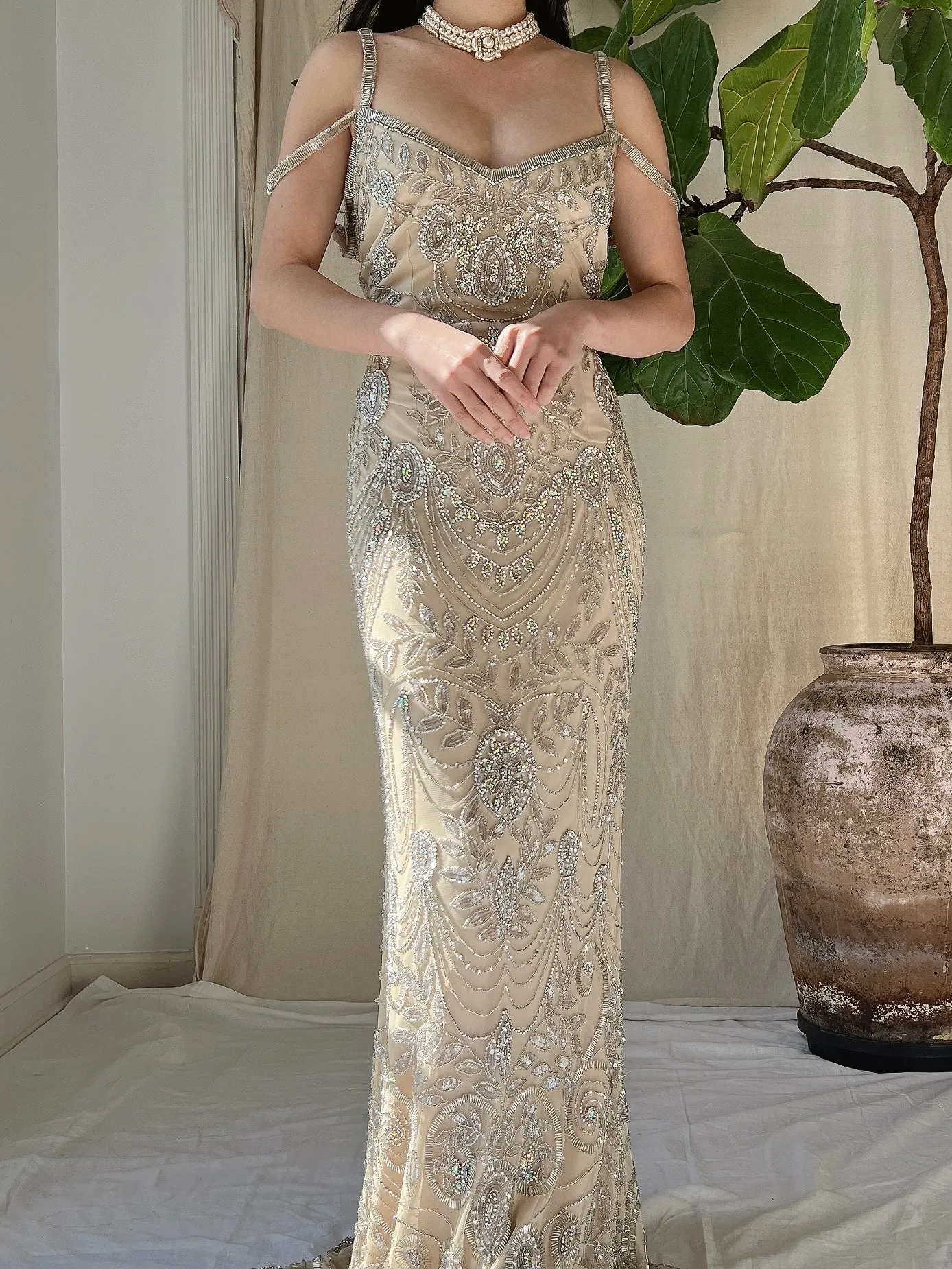Beige Beaded Tulle Dress - S