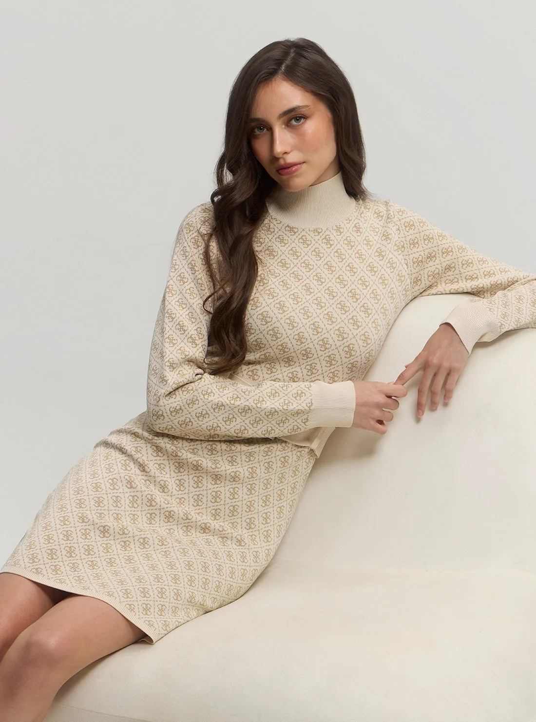 Beige Logo Belted Knit Midi Dress