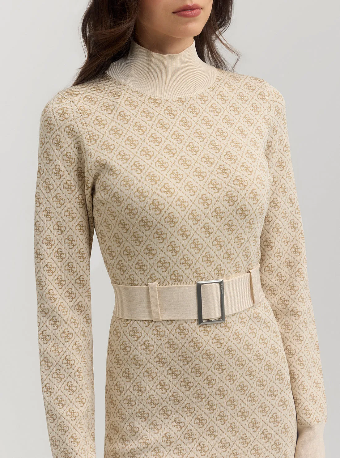 Beige Logo Belted Knit Midi Dress
