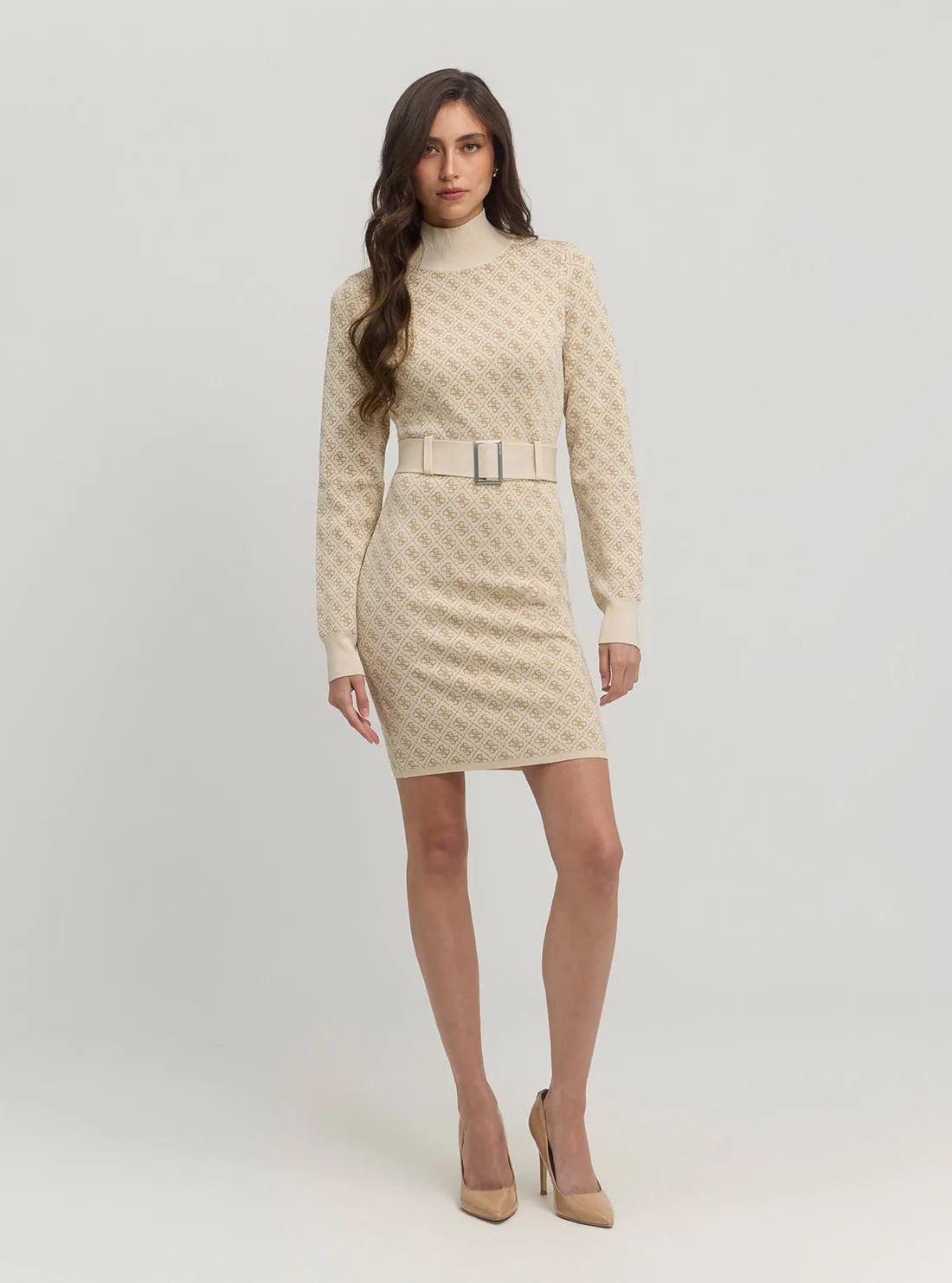 Beige Logo Belted Knit Midi Dress