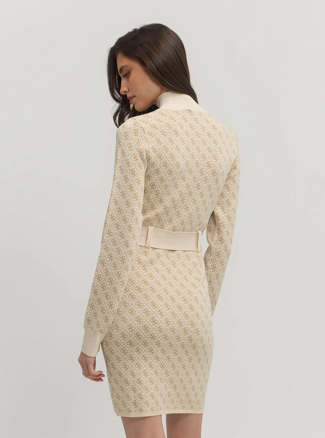 Beige Logo Belted Knit Midi Dress