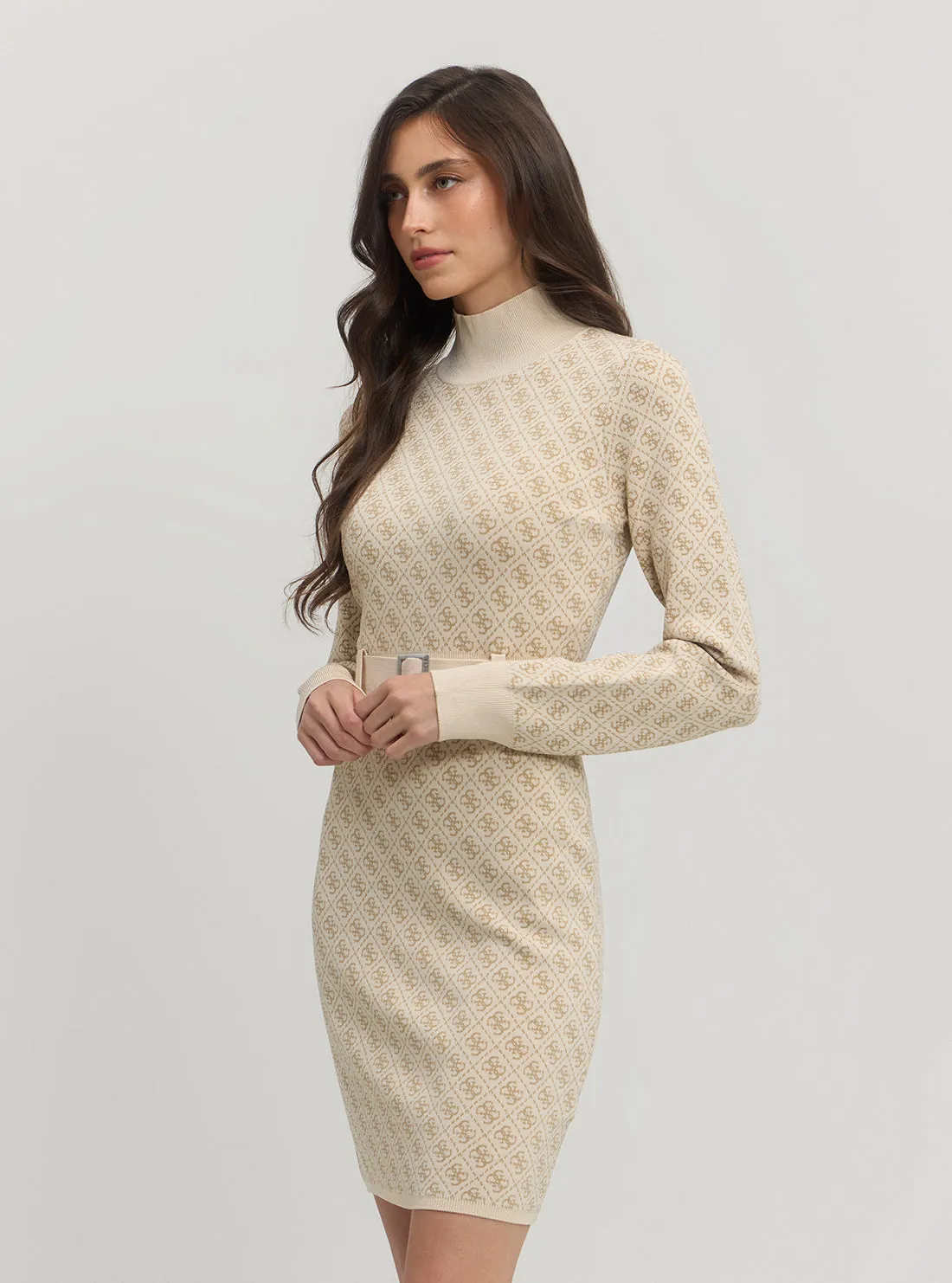 Beige Logo Belted Knit Midi Dress