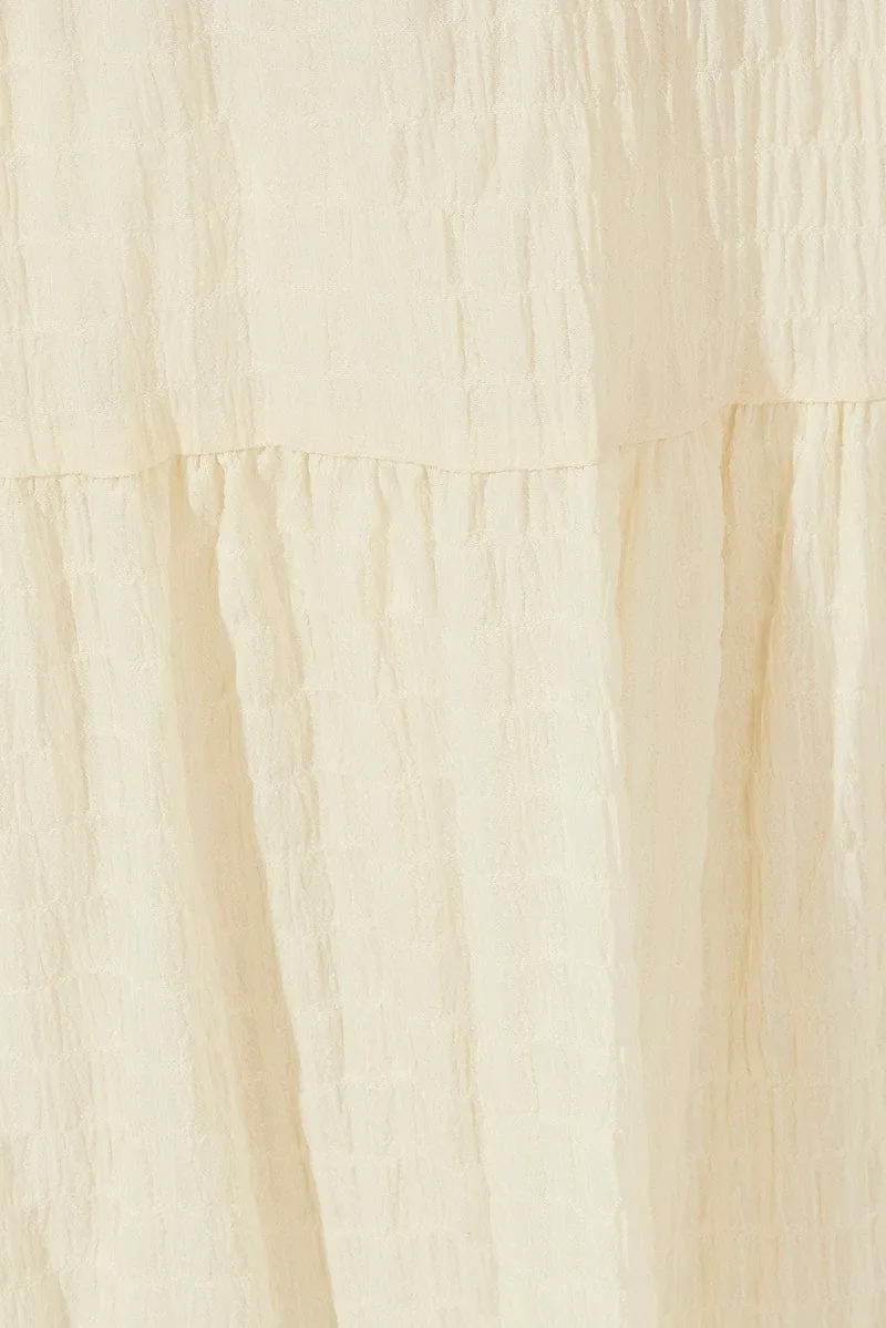 Beige Midi Dress Puff Sleeve Ruch Front