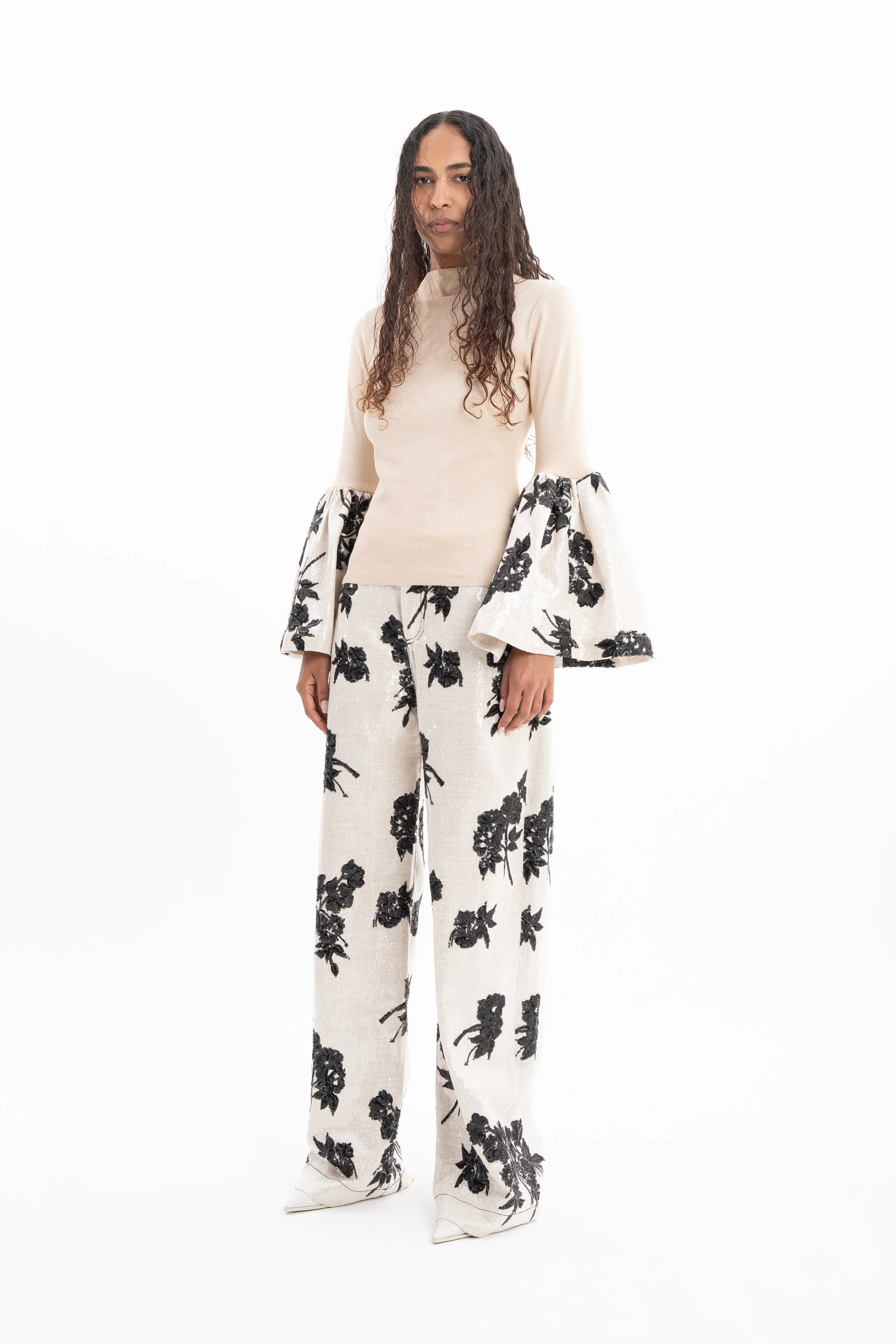 BEIGE SEQUIN BOYFRIEND STYLE TROUSERS