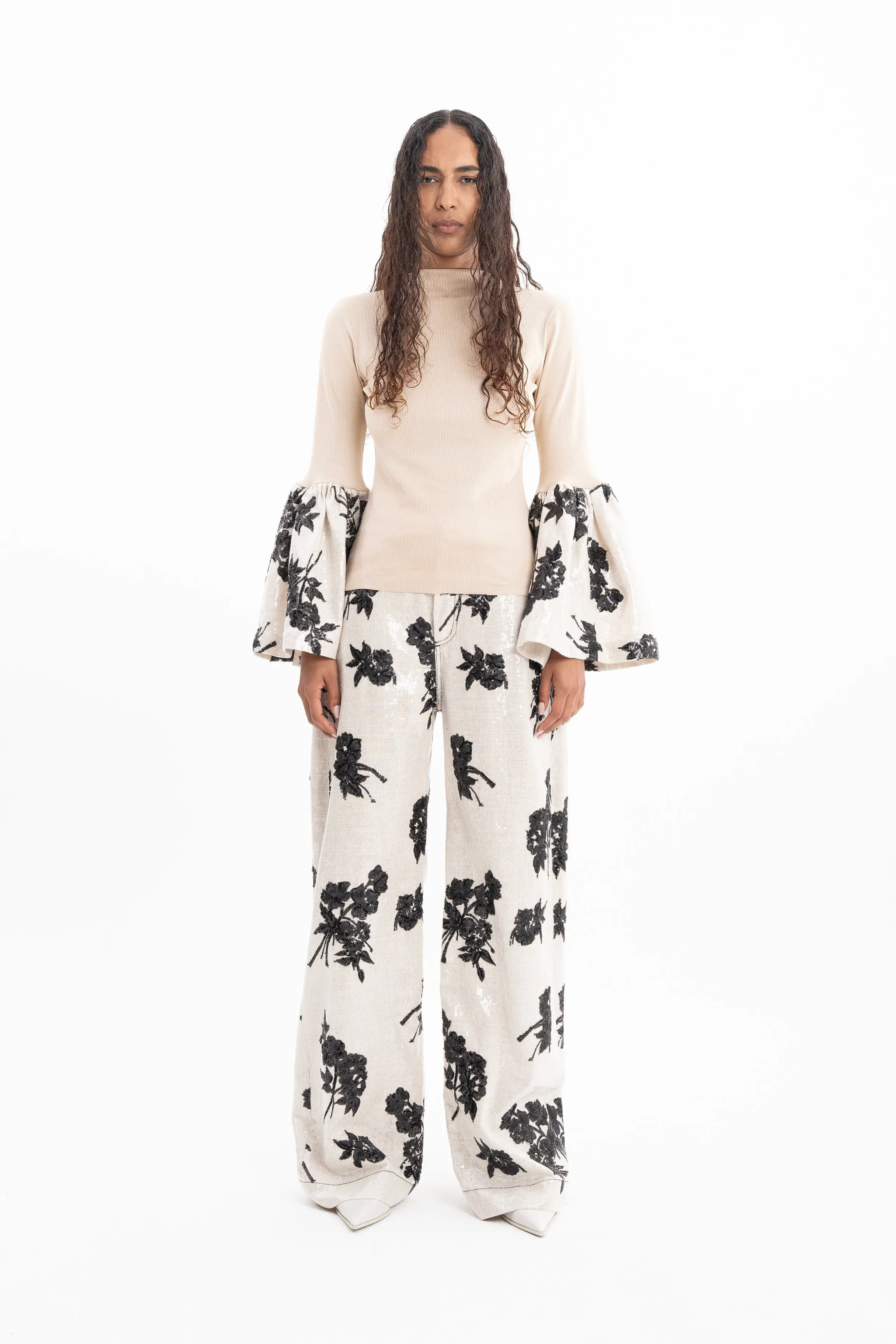BEIGE SEQUIN BOYFRIEND STYLE TROUSERS