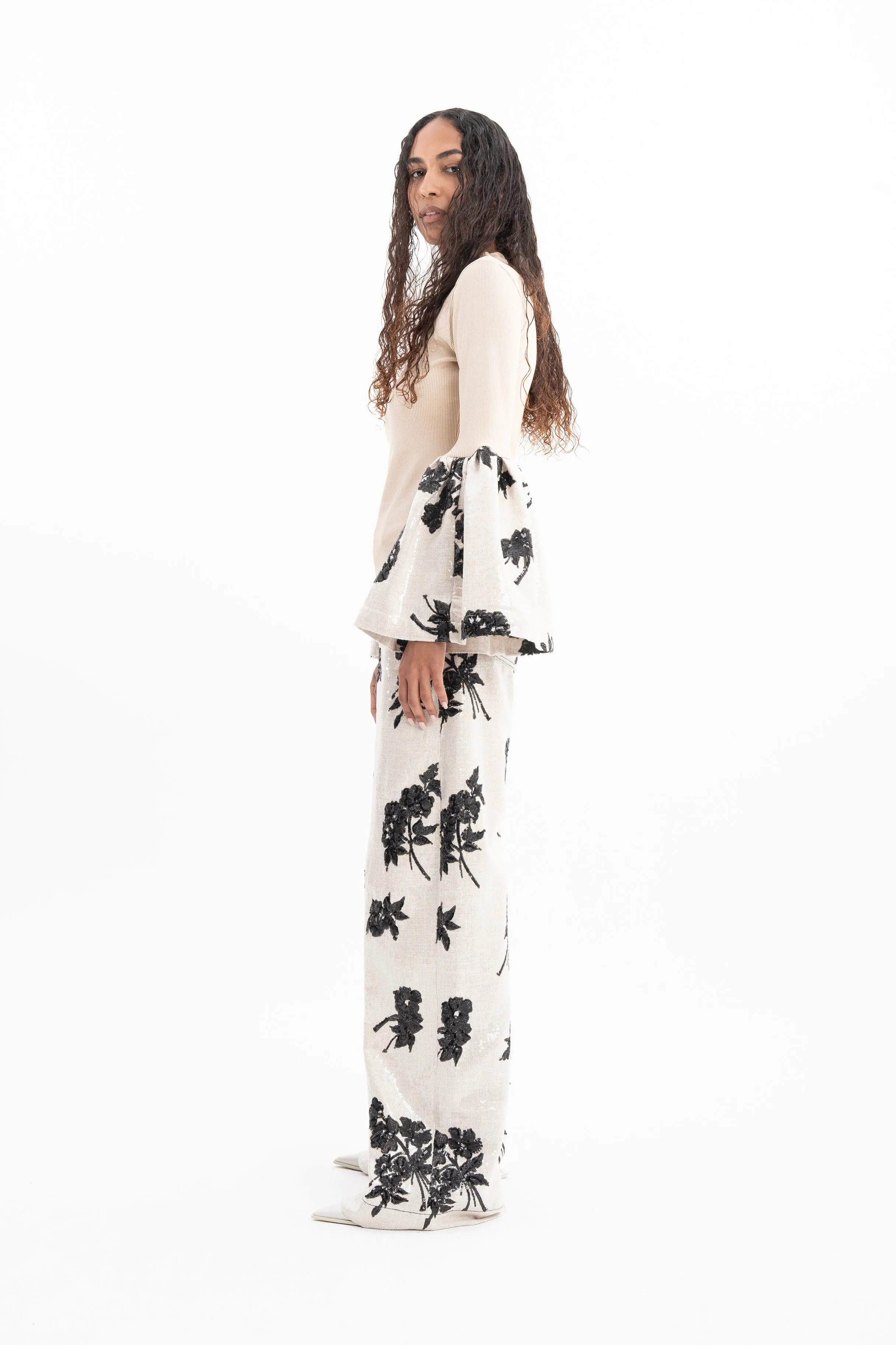 BEIGE SEQUIN BOYFRIEND STYLE TROUSERS