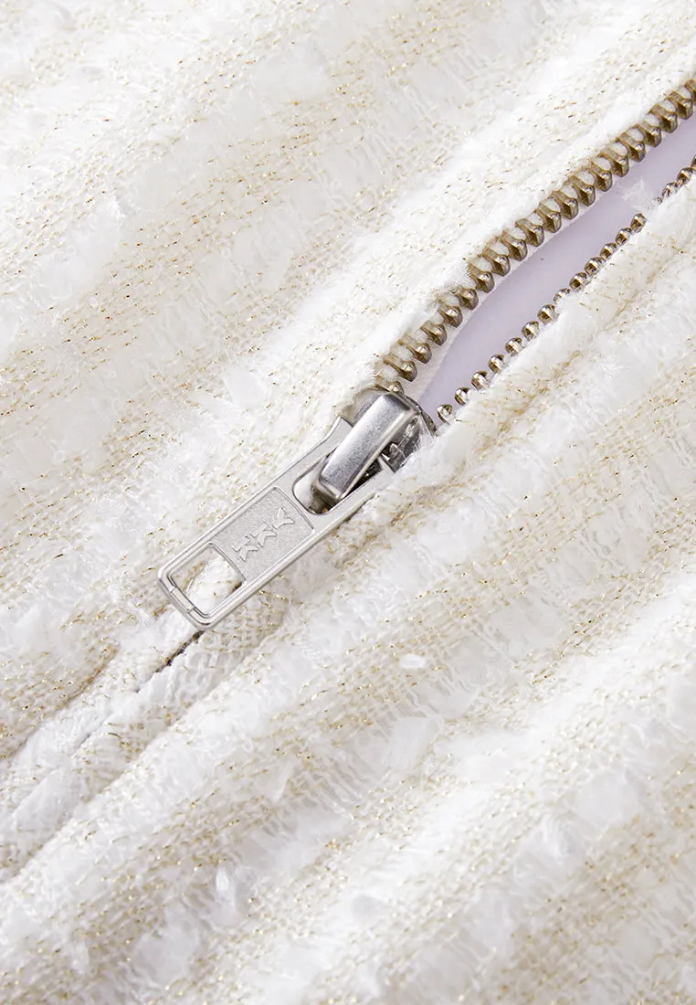 Beige White Stand Collar Zip-Up Tweed Dress