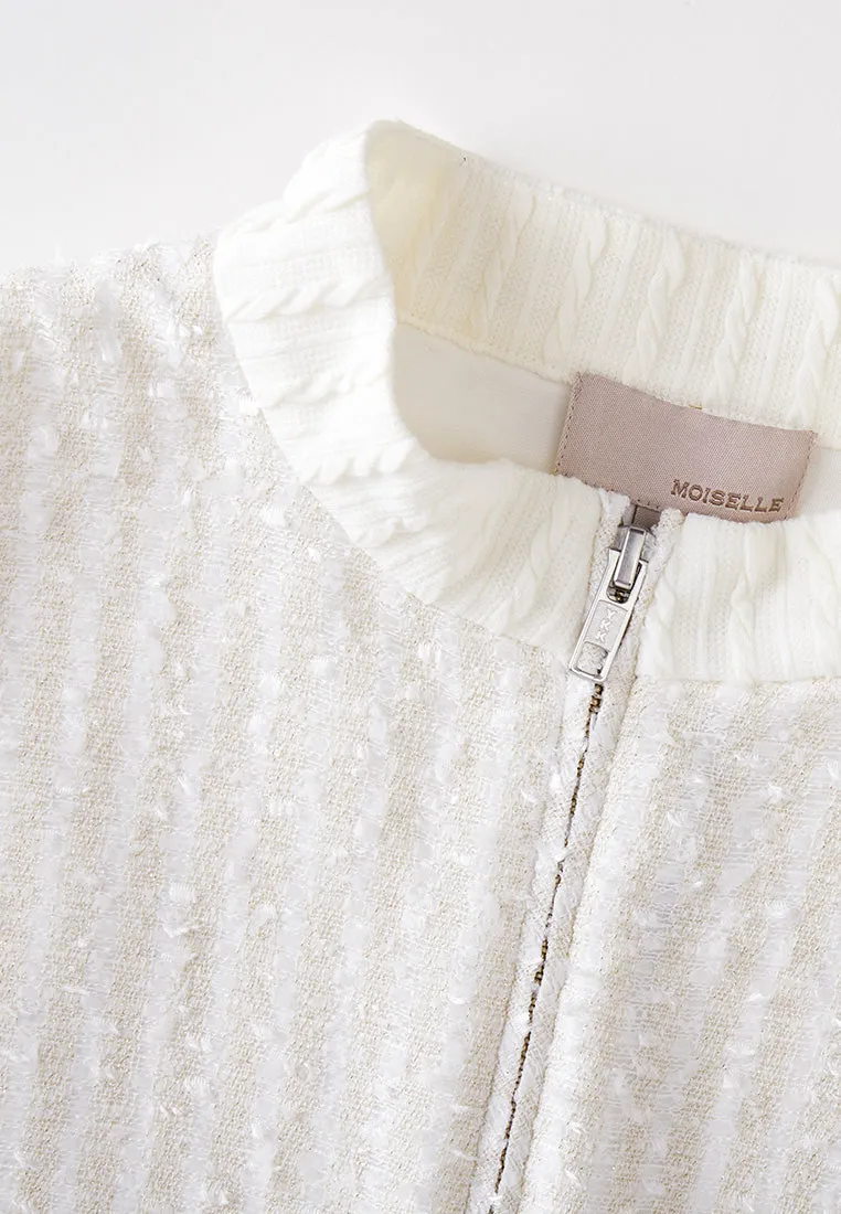 Beige White Stand Collar Zip-Up Tweed Dress