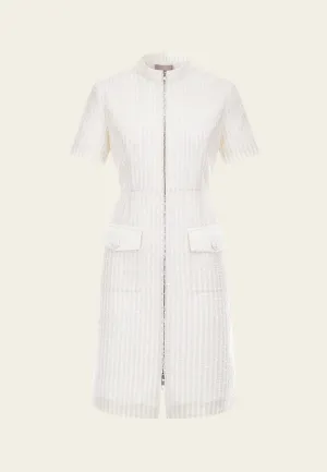 Beige White Stand Collar Zip-Up Tweed Dress