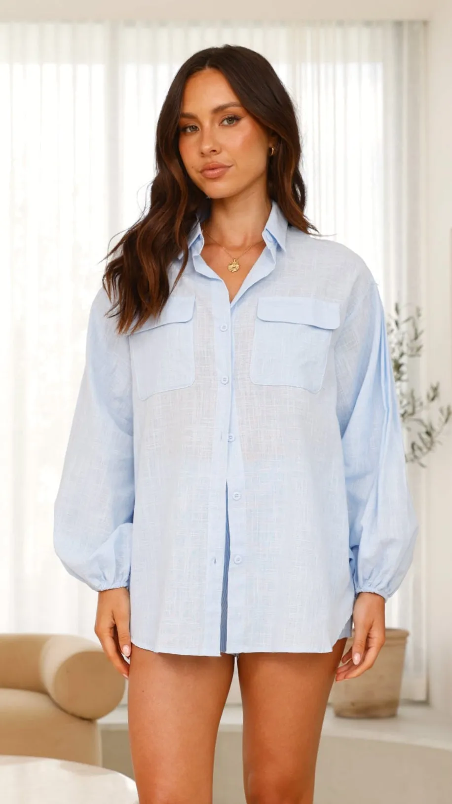 Bianca Oversized Button Up Shirt - Blue