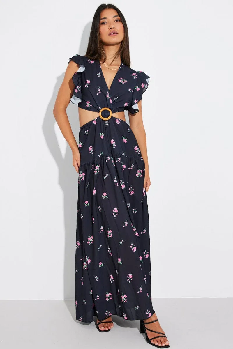 Black Floral Maxi Dress Flutter Ruffle Shoulder Buckle Dress