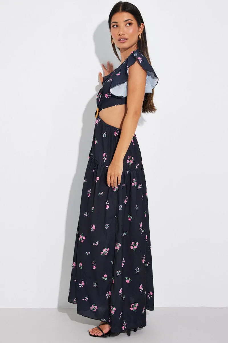 Black Floral Maxi Dress Flutter Ruffle Shoulder Buckle Dress