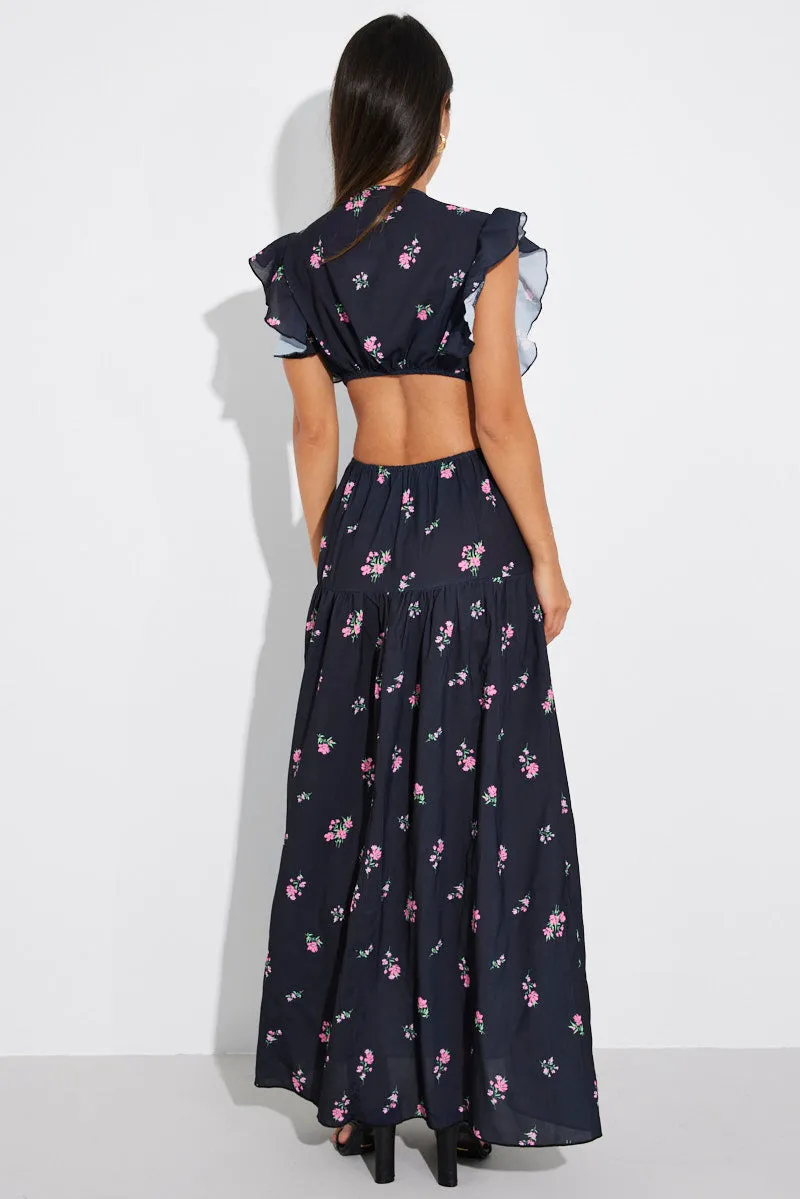 Black Floral Maxi Dress Flutter Ruffle Shoulder Buckle Dress