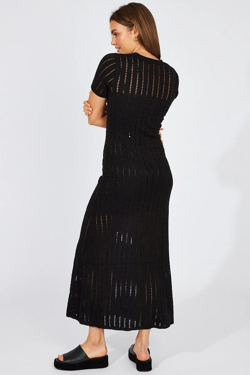 Black Knit Maxi Dress Crochet Short Sleeve