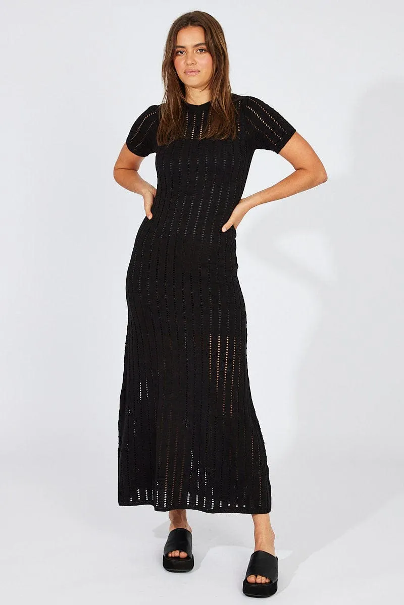 Black Knit Maxi Dress Crochet Short Sleeve