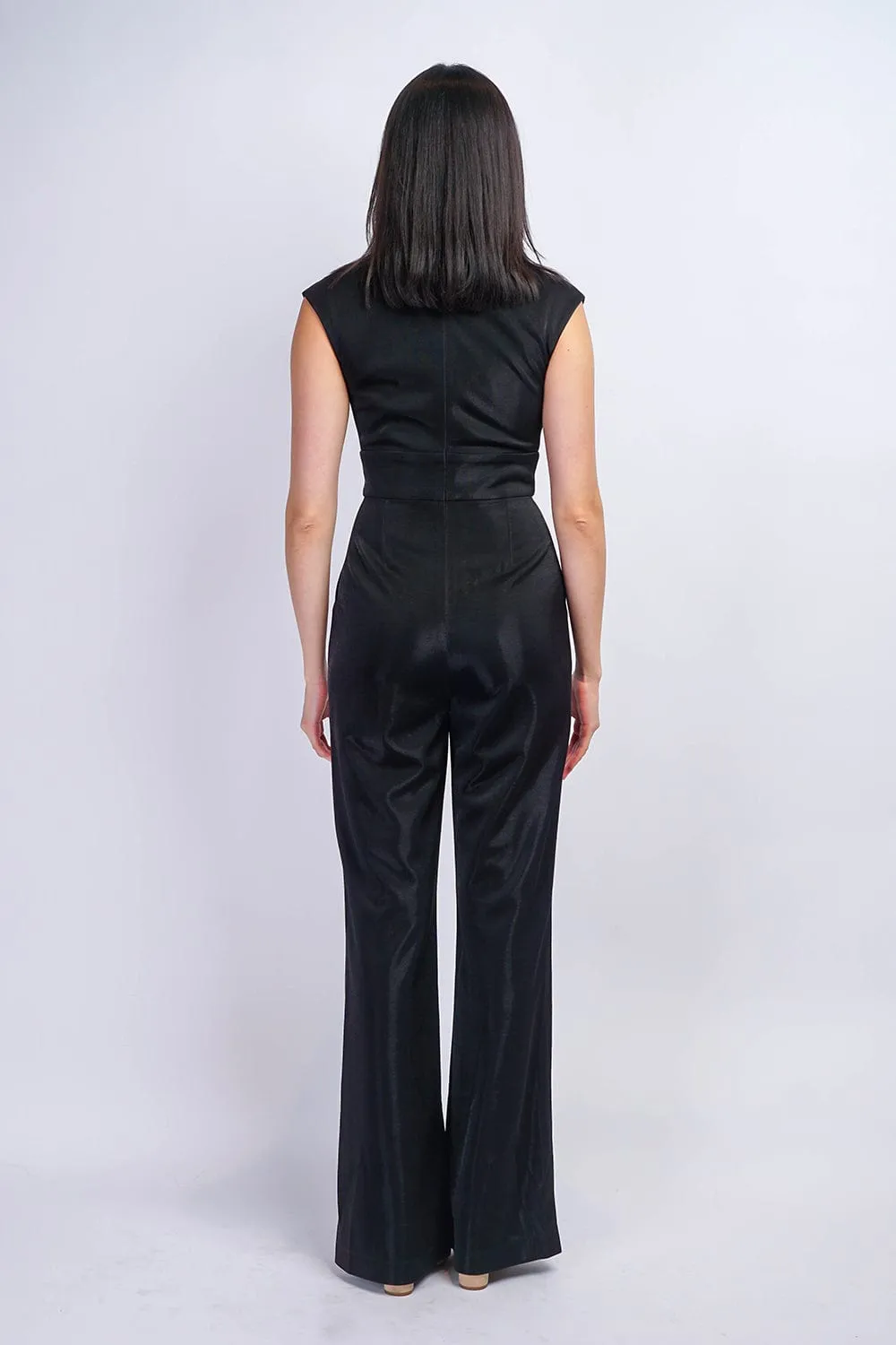Black Lux Sheen V Neck Aiden Jumpsuit