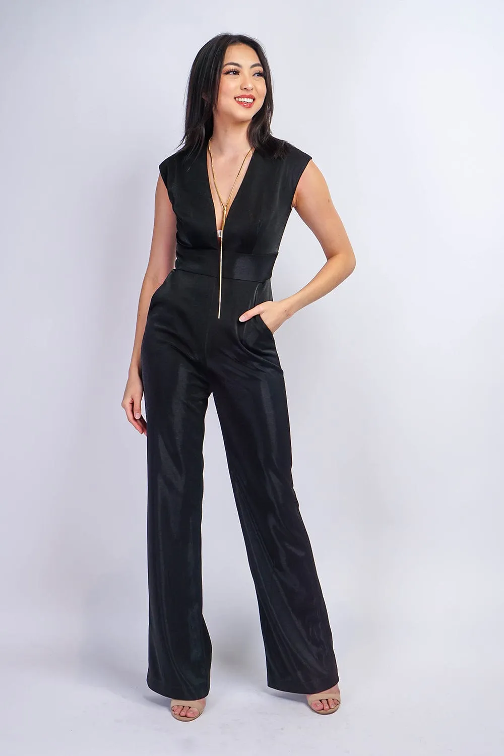 Black Lux Sheen V Neck Aiden Jumpsuit