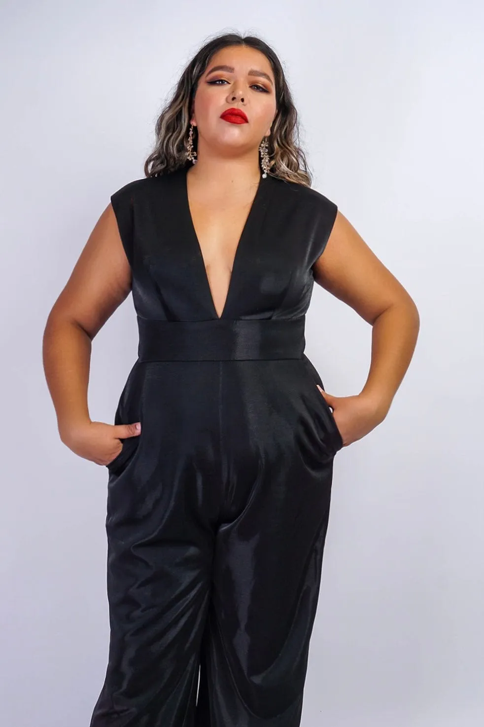 Black Lux Sheen V Neck Aiden Jumpsuit
