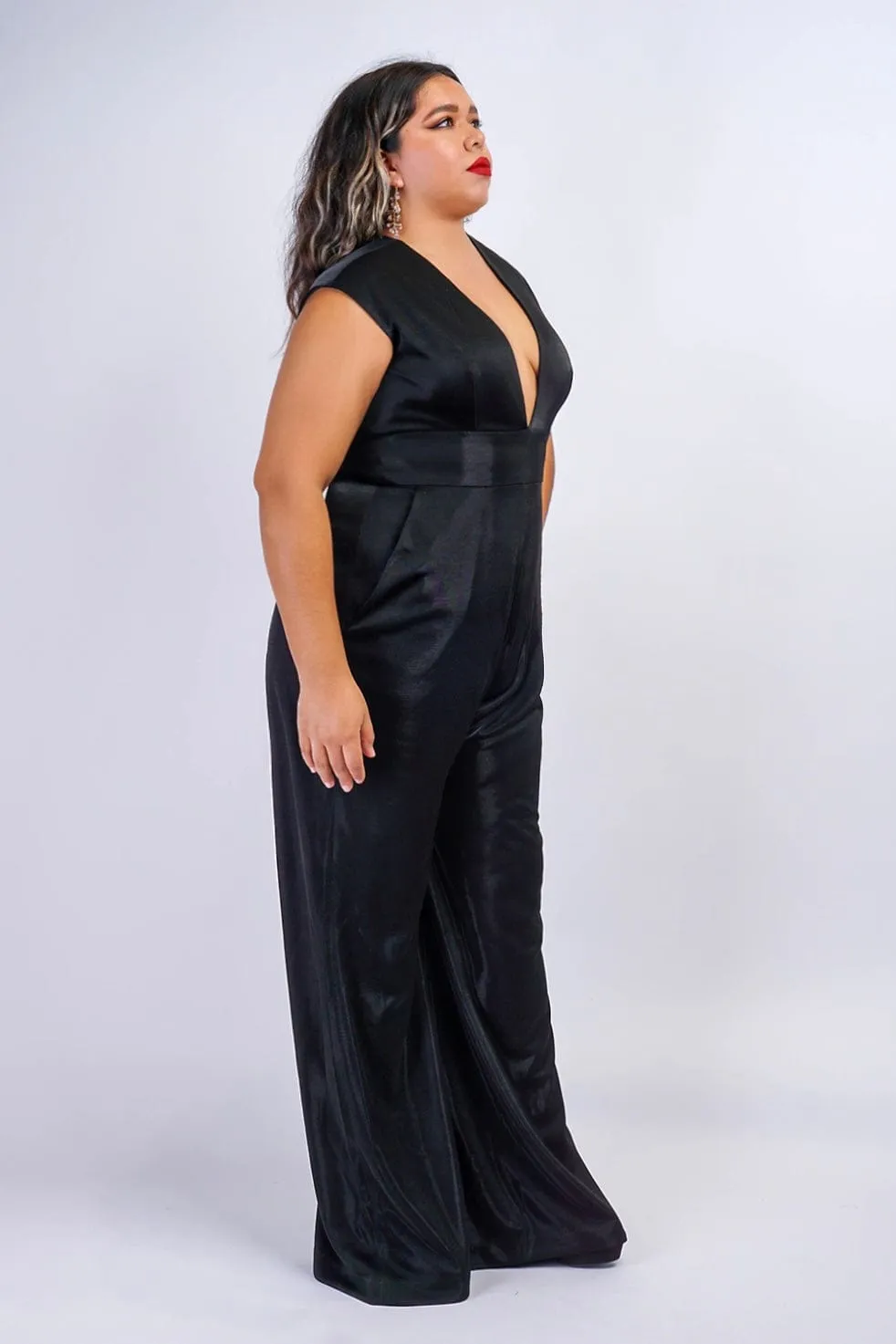 Black Lux Sheen V Neck Aiden Jumpsuit