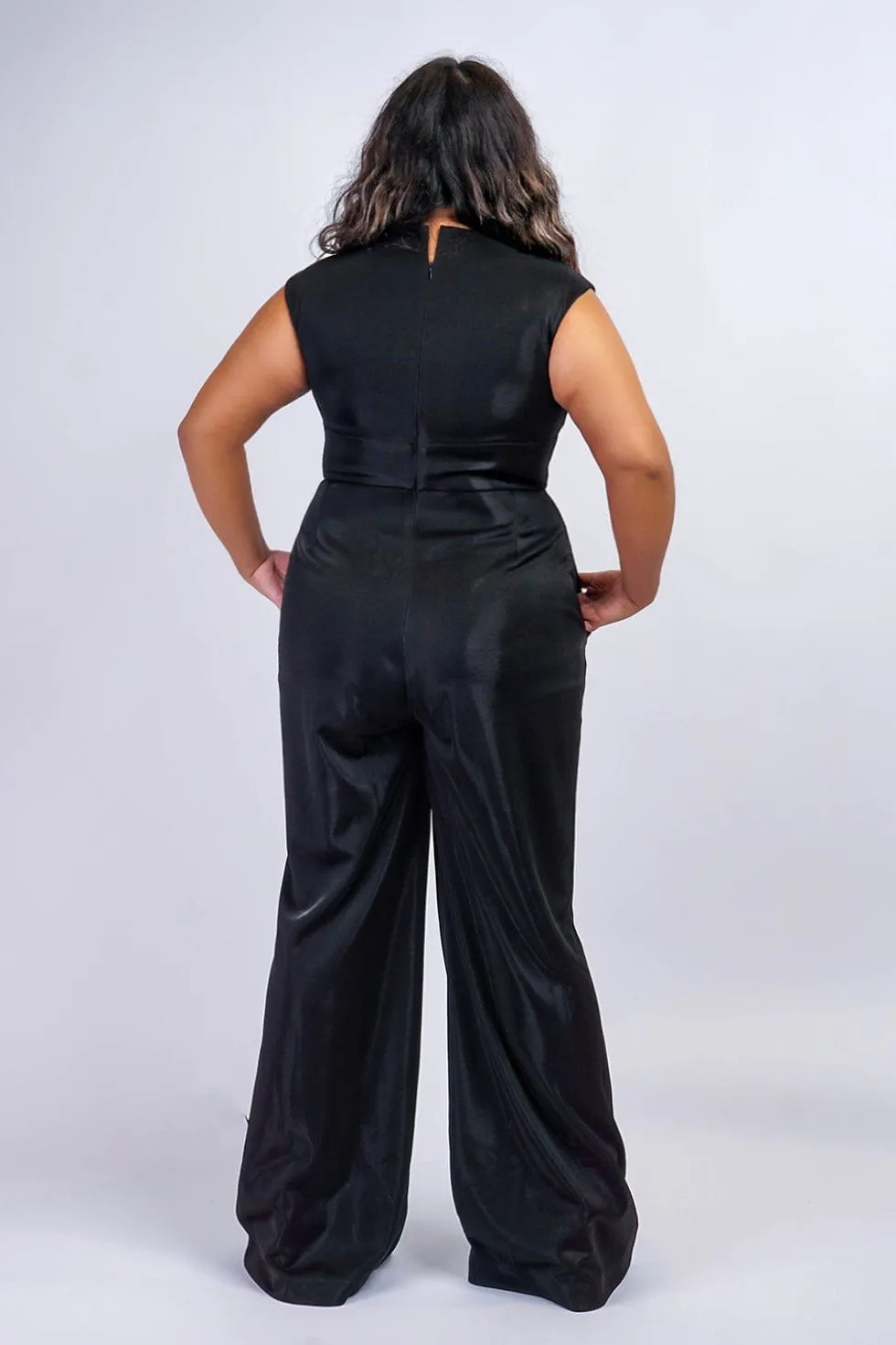 Black Lux Sheen V Neck Aiden Jumpsuit