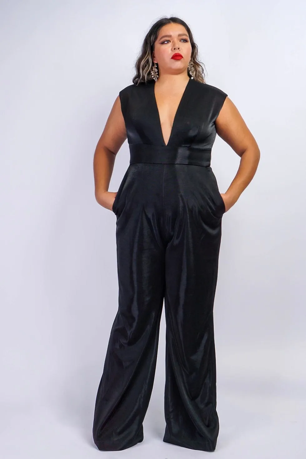 Black Lux Sheen V Neck Aiden Jumpsuit