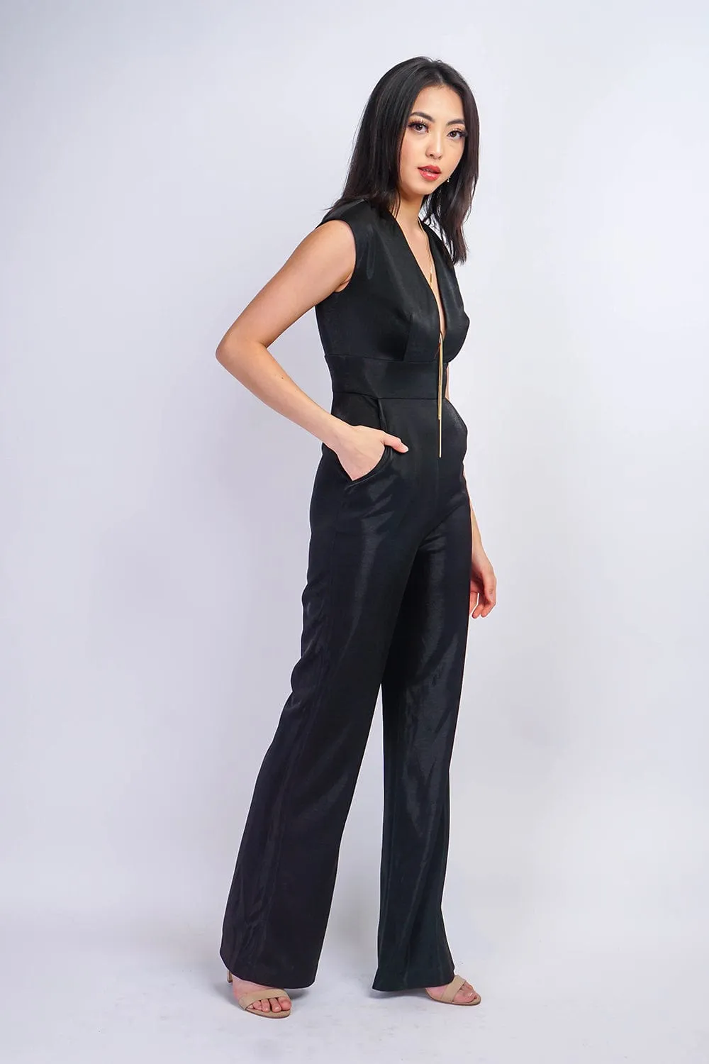 Black Lux Sheen V Neck Aiden Jumpsuit