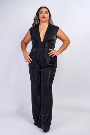 Black Lux Sheen V Neck Aiden Jumpsuit