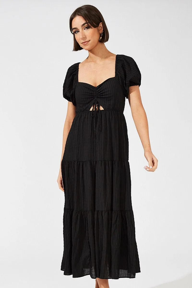 Black Midi Dress Puff Sleeve Ruch Front